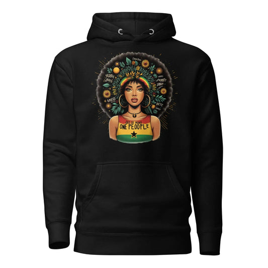 Black hoodie featuring an illustrated woman with afro, floral accents, and 'Out of Many One People' text.