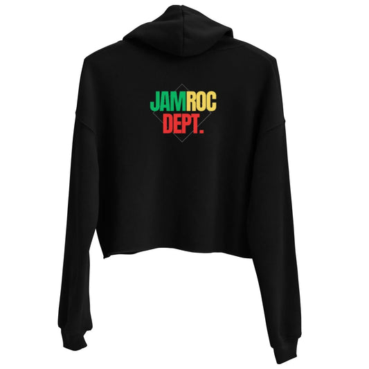 Black cropped hoodie with colorful JAMROC DEPT. text on back, streetwear style