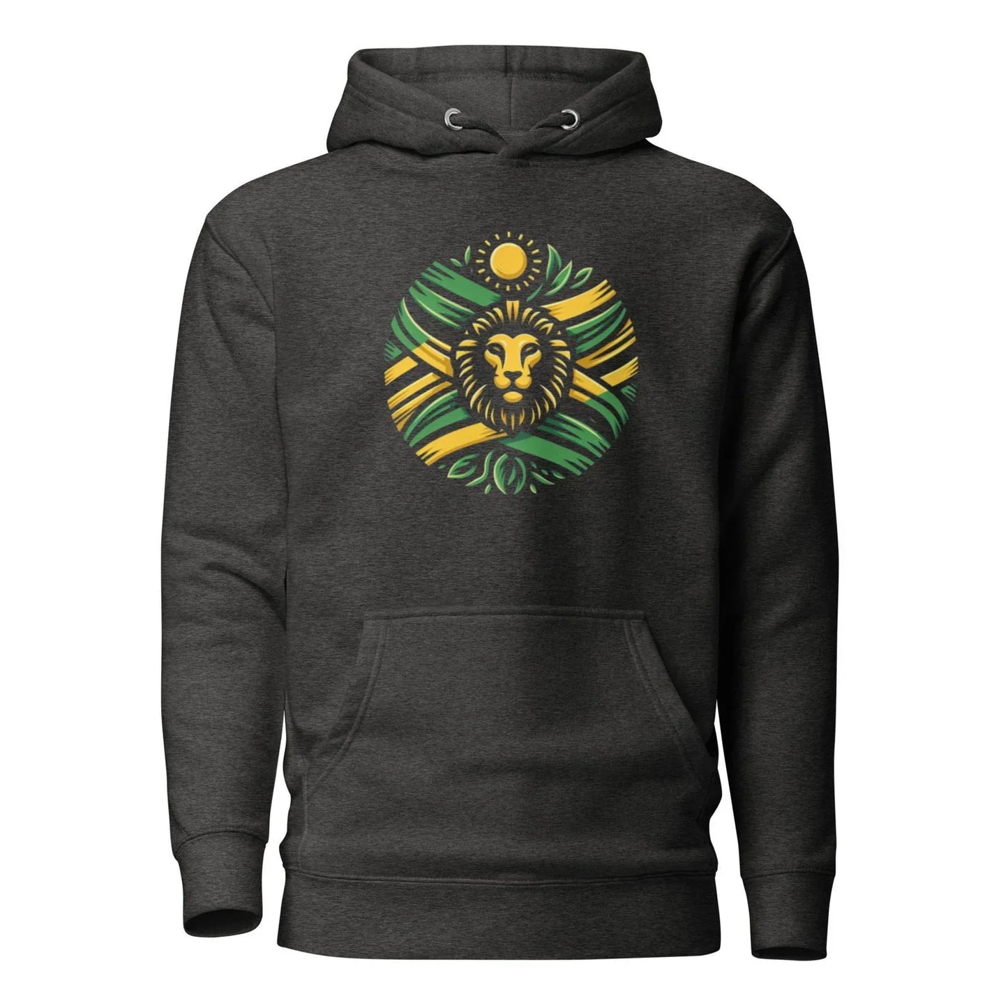 Black hoodie with colorful lion face, green leaves, yellow sun and Jamaican-inspired graphics