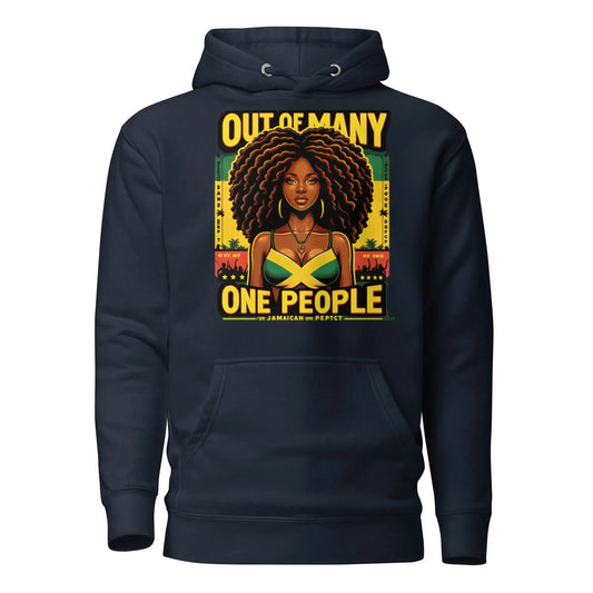 Black hoodie with colorful 'Out of Many One People' graphic and Jamaican flag-inspired woman