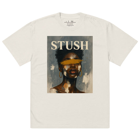 Oversized white tee featuring portrait artwork of a woman with STUSH text and gold hoop earrings