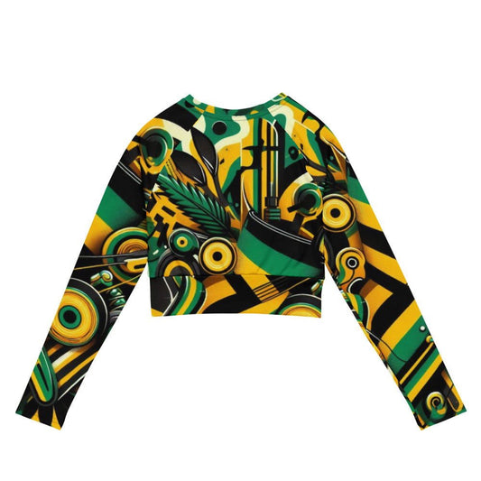 Back view of a long sleeve crop top with green, yellow, and black abstract pattern
