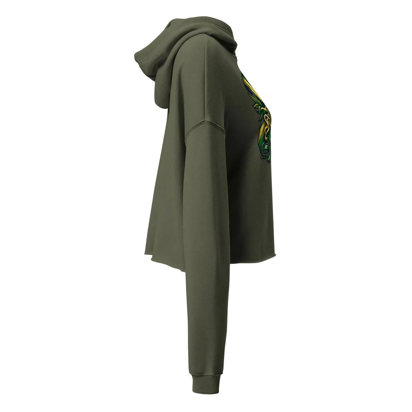 Side view of olive green crop hoodie with colorful front graphic, long sleeves, and hood