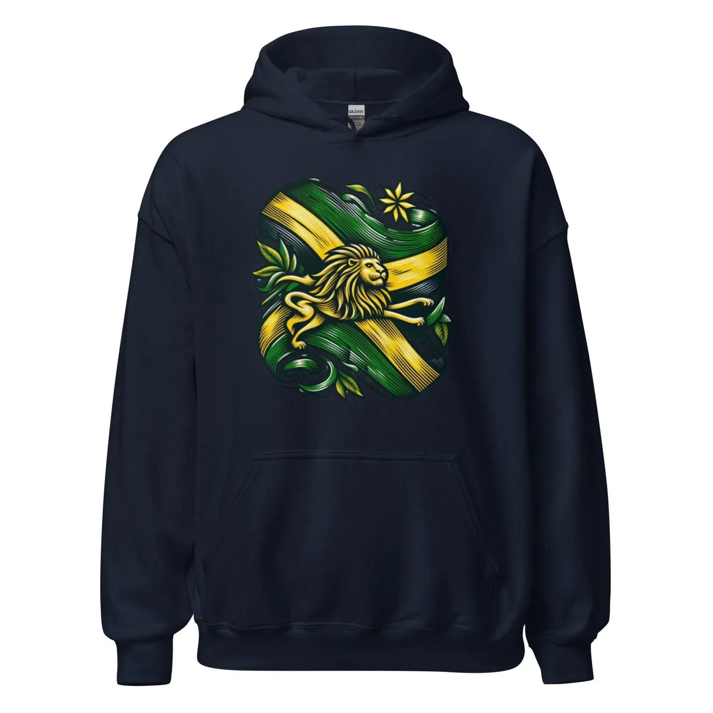 Black hoodie with Jamaican flag colors and lion crest graphic on the front.