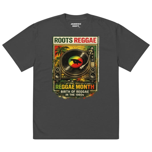 Black t-shirt with vibrant reggae record player graphic, Roots Reggae and Reggae Month text.