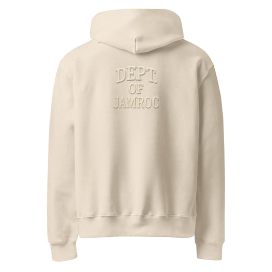 Beige hooded sweatshirt with embossed DEPT. OF JAMROC text on the back, streetwear style