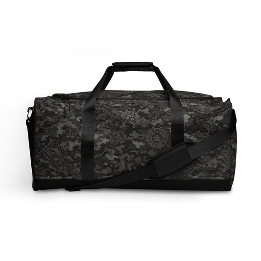 Black duffel bag with camo pattern and chain, crown, and star motifs, adjustable strap