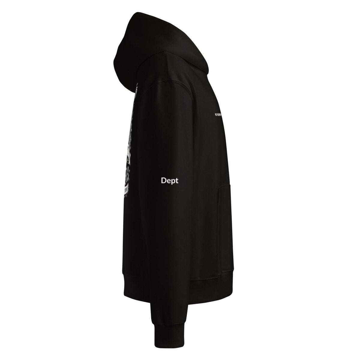 Black streetwear hoodie with 'Dept' text on sleeve, side view, minimalist design.