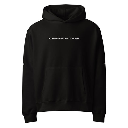 Black streetwear hoodie with 'No weapon formed shall prosper' text on front, kangaroo pocket.