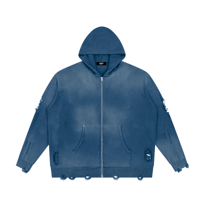 Unisex Distressed Full Zip Sweater