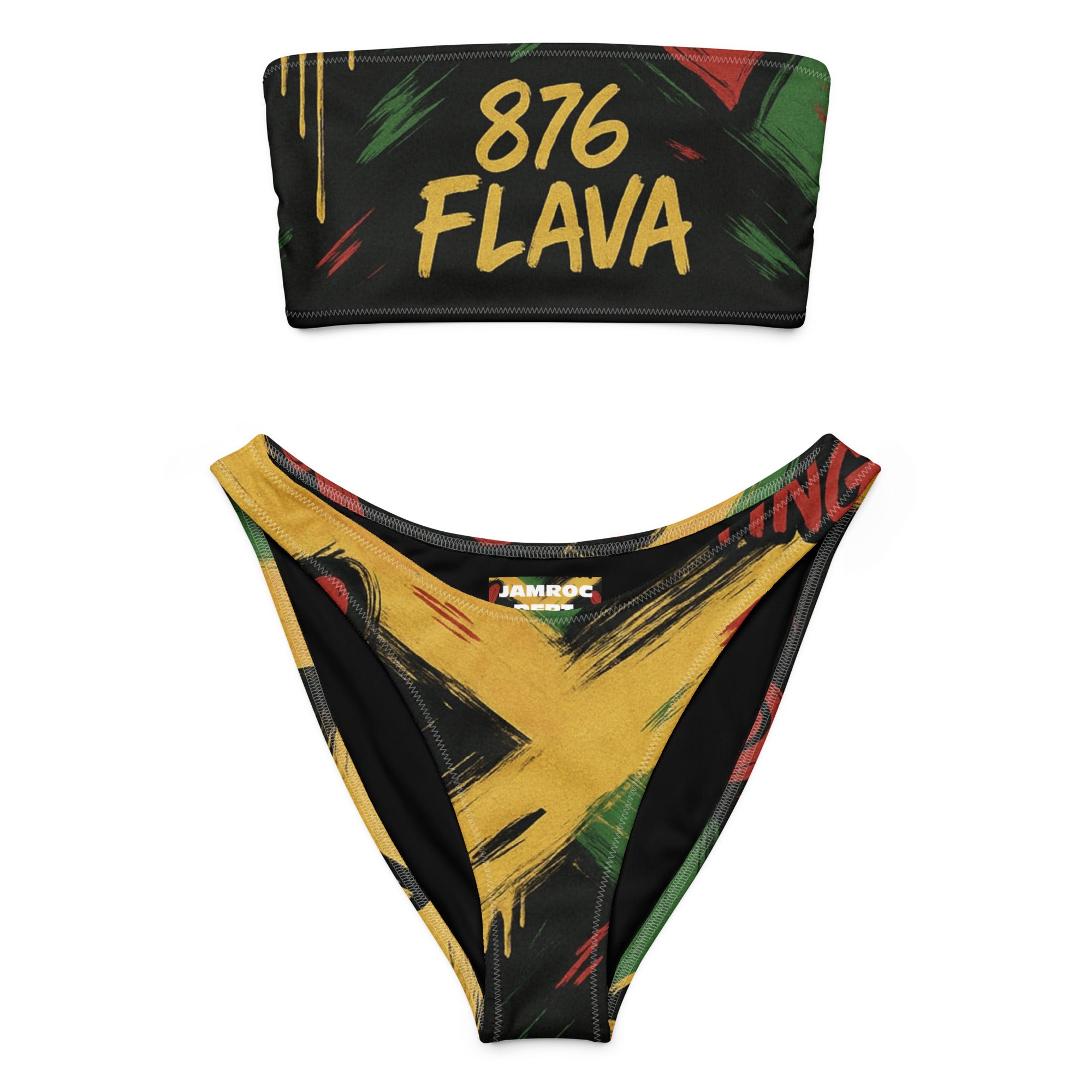 Jamaican flag-inspired two-piece bikini set with '876 FLAVA' on the bandeau top.