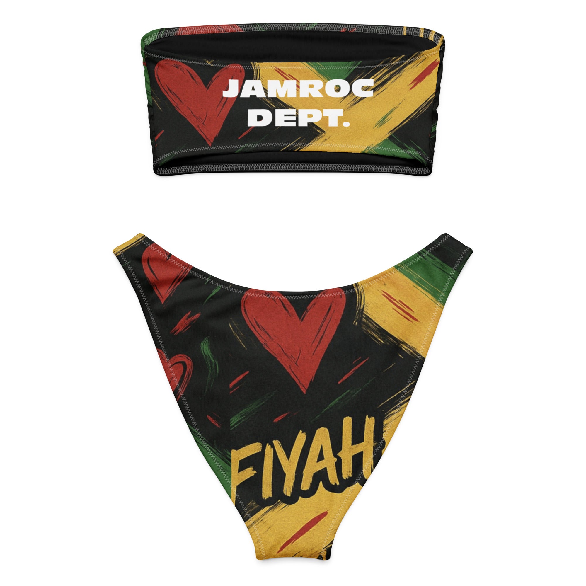 Jamaican flag-inspired bandeau bikini set with red hearts, yellow FIYAH text, and bold graphics.