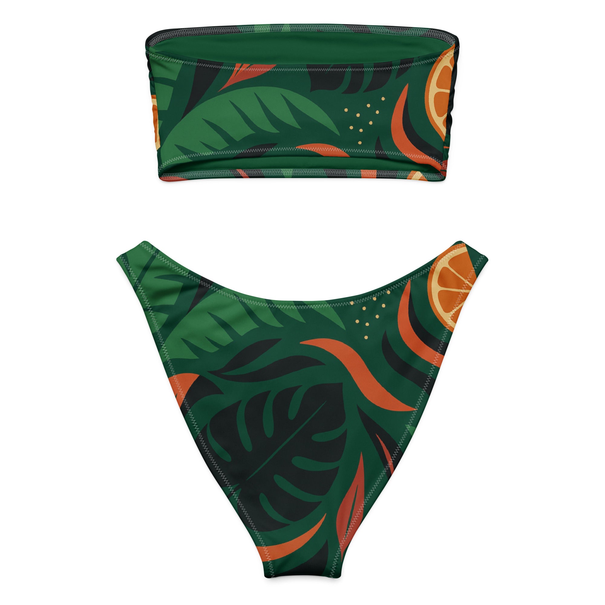 Tropical leaf print bandeau bikini set with green, orange, and black pattern