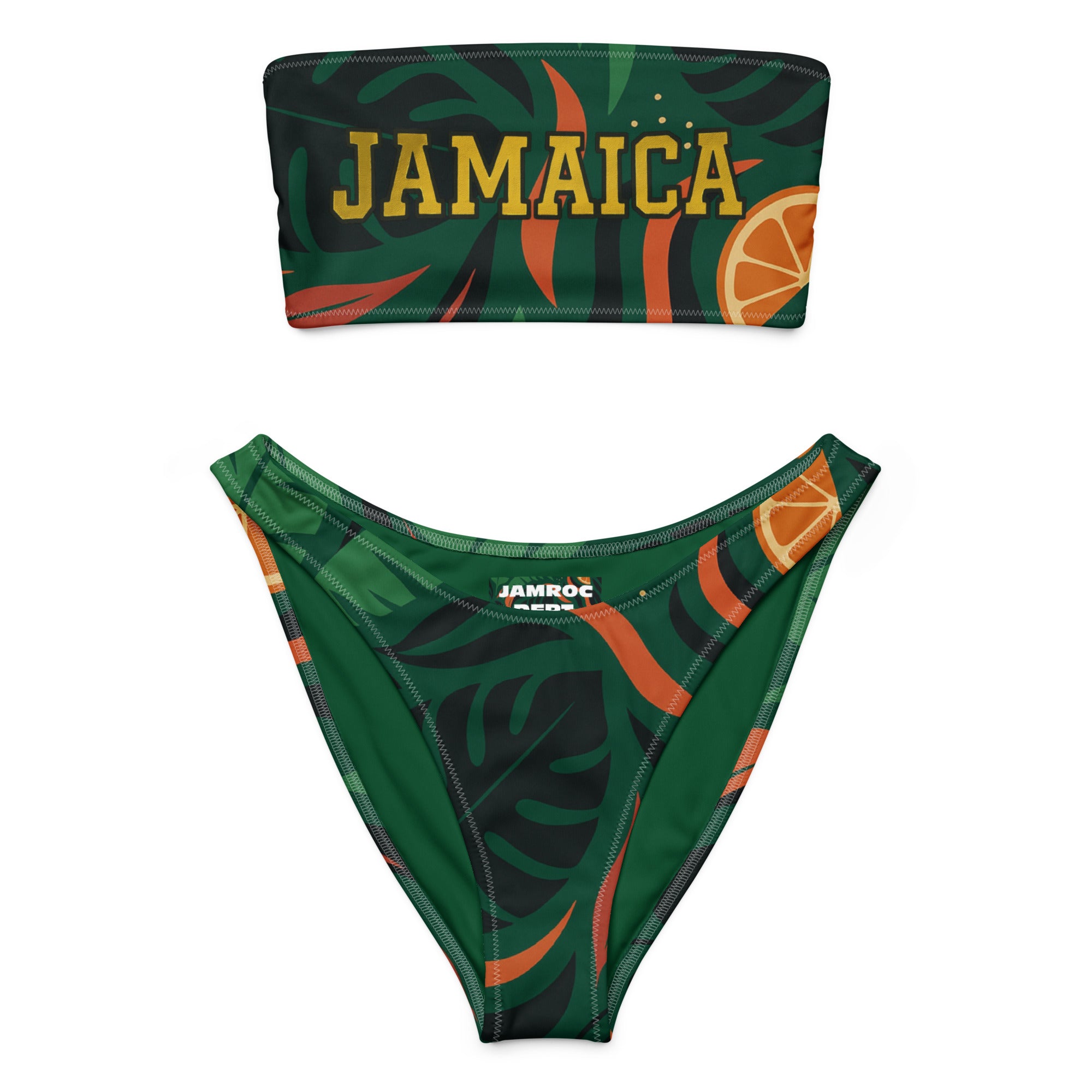 Green bandeau bikini set with 'JAMAICA' text, leaf and orange slice print, tropical design