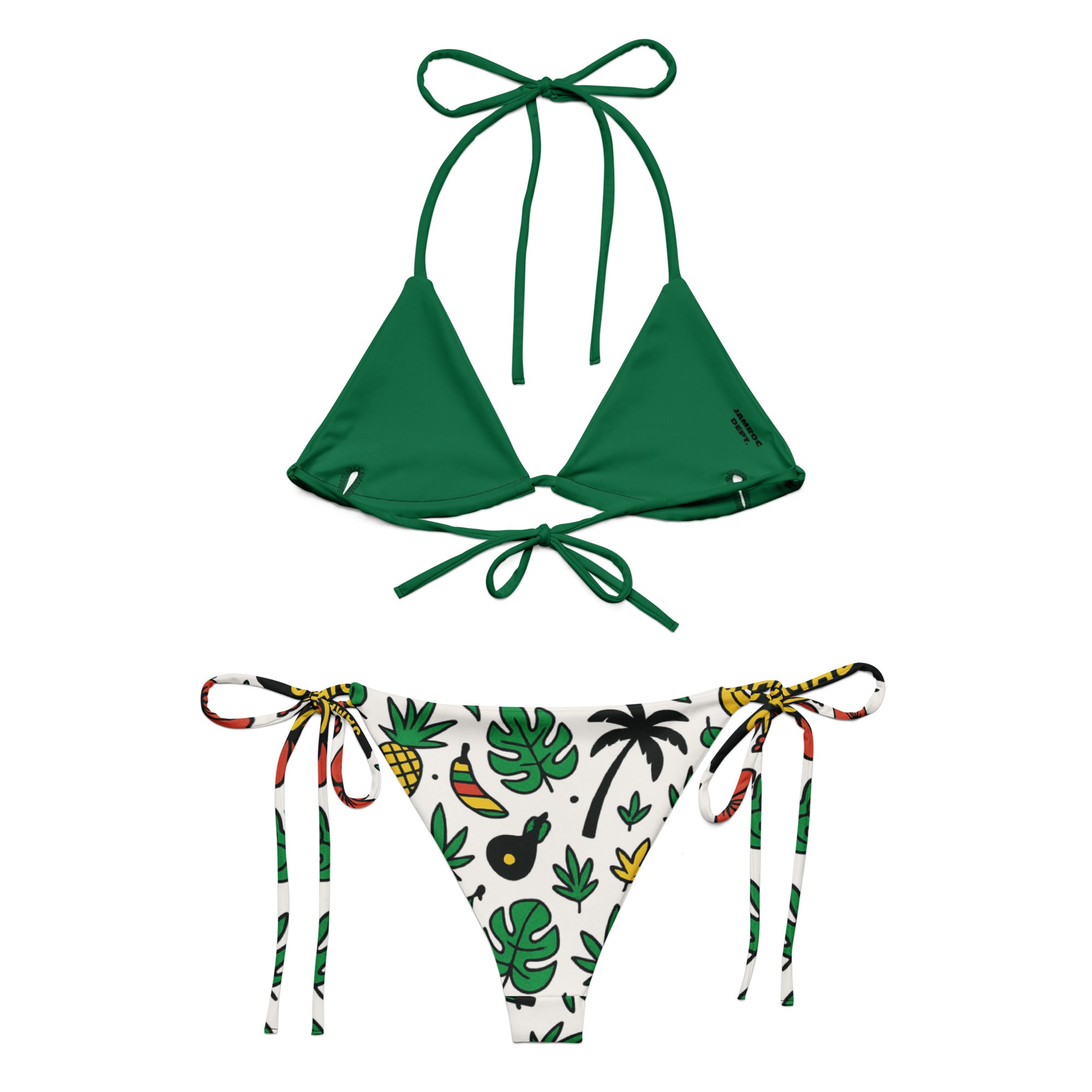 Green string bikini top with patterned leaf and fruit print bottom, tropical style swimwear