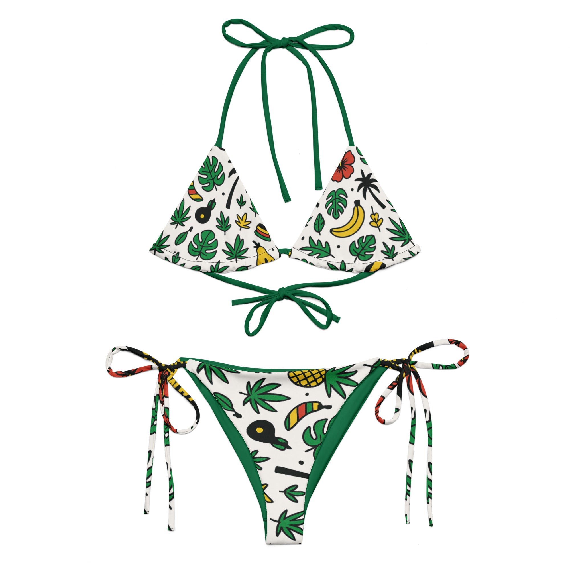 White string bikini set with tropical leaf, banana, pineapple, and floral print accents