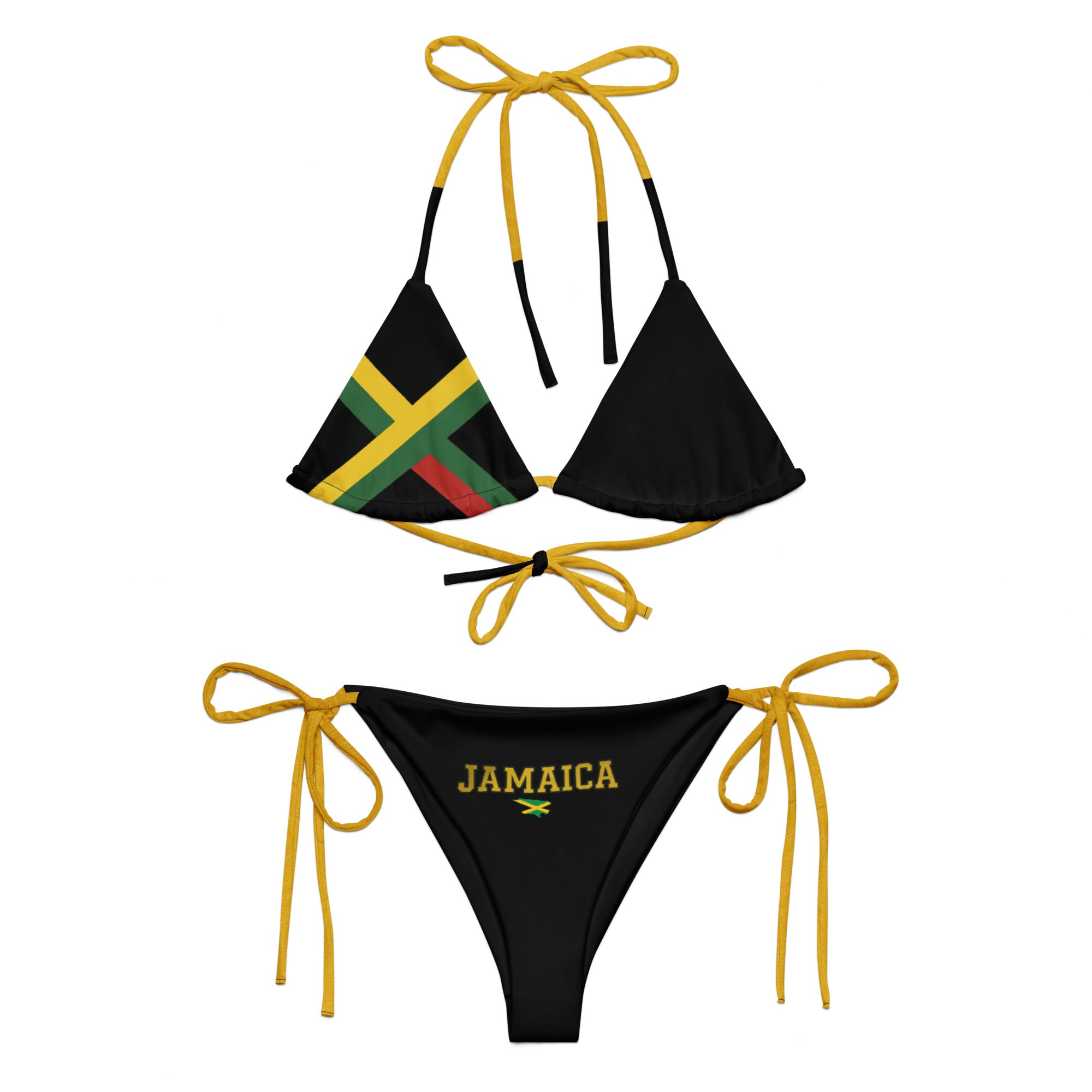 Black string bikini with Jamaica flag design and yellow tie straps, front view
