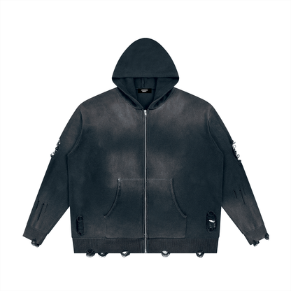 Unisex Distressed Full Zip Sweater