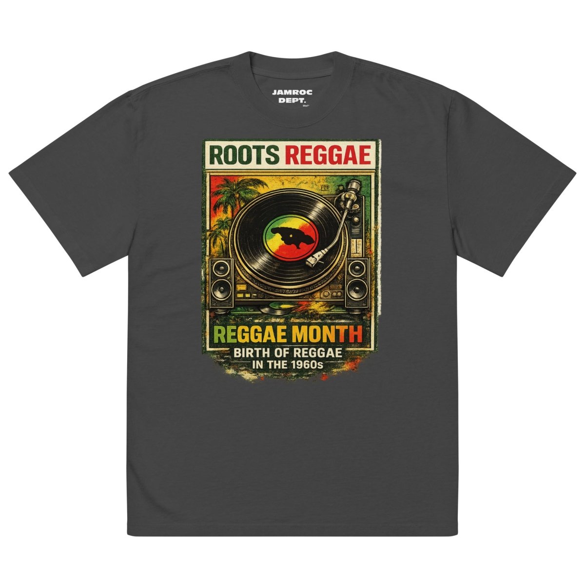 Black t-shirt with vibrant reggae record player graphic, Roots Reggae and Reggae Month text.