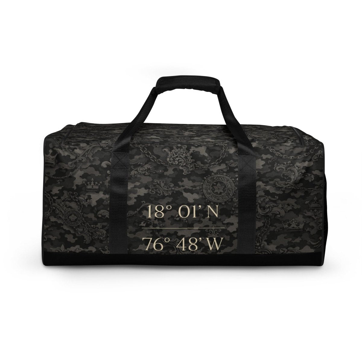 Black camouflage duffel bag with coordinates 18°01'N 76°48'W printed on front