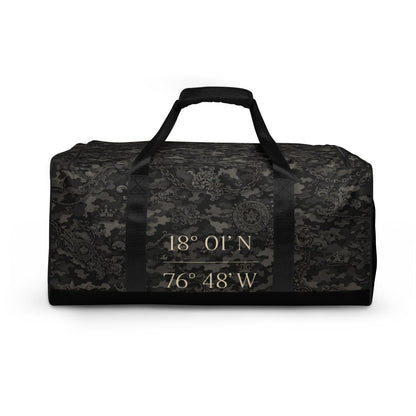 Black camouflage duffel bag with coordinates 18°01'N 76°48'W printed on front