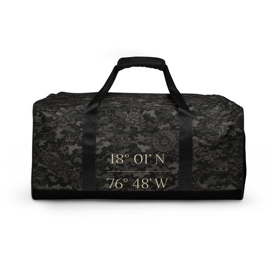 Black camouflage duffel bag with coordinates 18°01'N 76°48'W printed on front