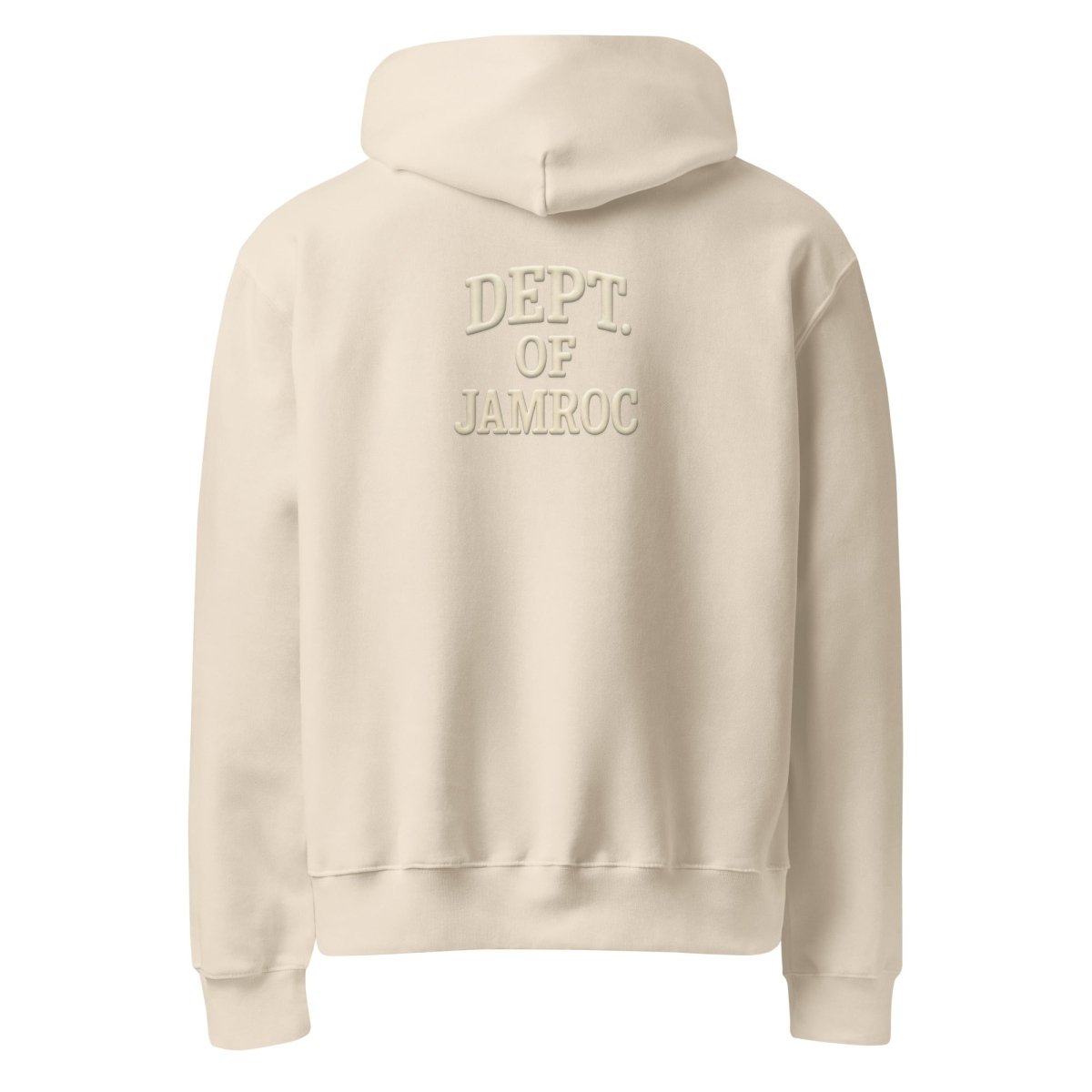 Beige hooded sweatshirt with embossed DEPT. OF JAMROC text on the back, streetwear style