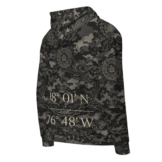 Black camo hoodie with ornate patterns, coordinates 18°01'N 76°48'W on the back