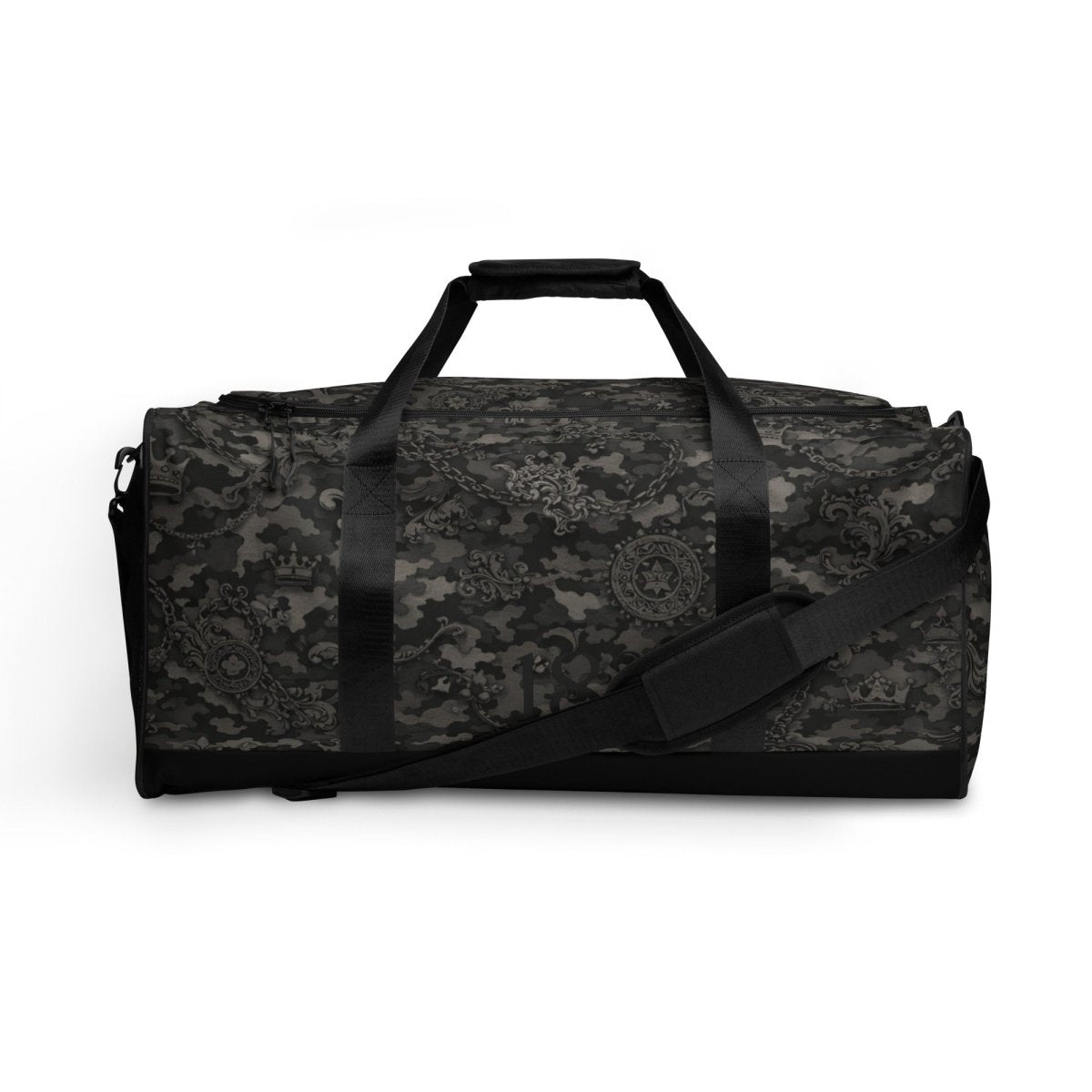 Black duffel bag with camo pattern and chain, crown, and star motifs, adjustable strap