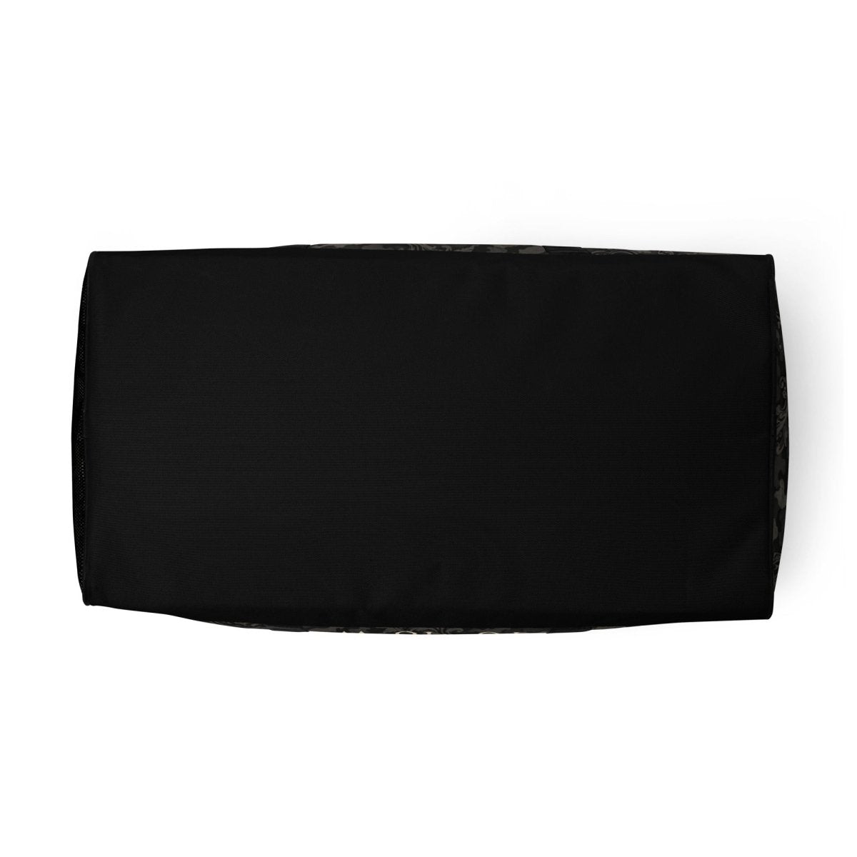 Top view of a black rectangular duffel bag with subtle camo accents on white background