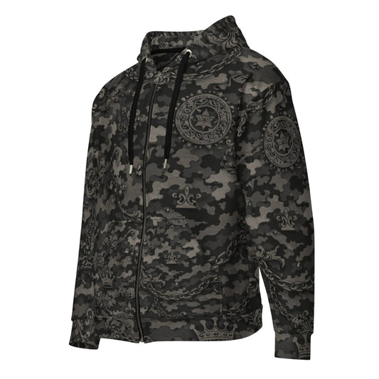 Black and gray camo zip-up hoodie with intricate crest and crown patterns, streetwear style