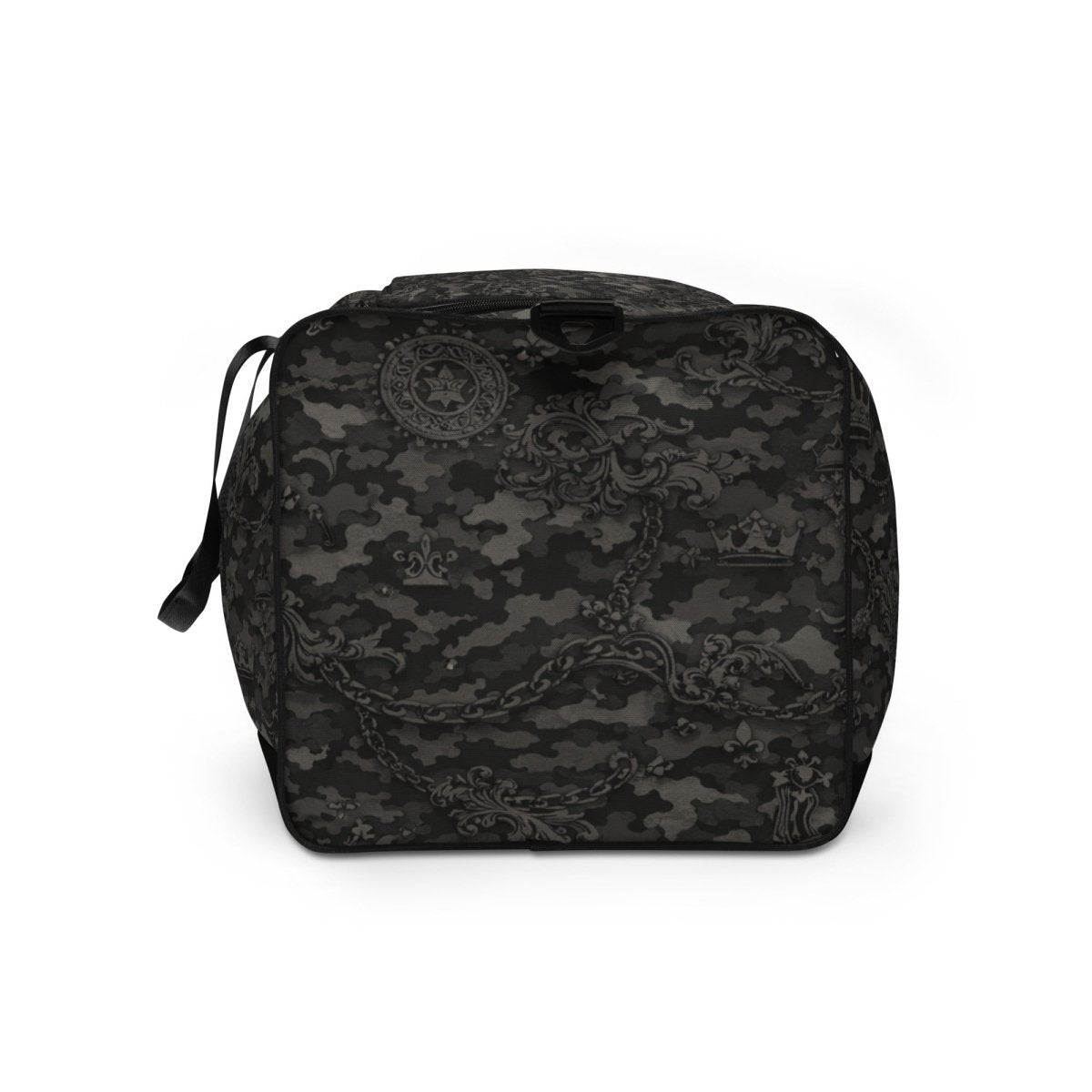 Black and grey camo duffle bag with ornate baroque patterns and crown emblem