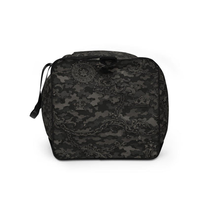 Black and grey camo duffle bag with ornate baroque patterns and crown emblem
