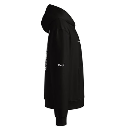 Black streetwear hoodie with 'Dept' text on sleeve, side view, minimalist design.
