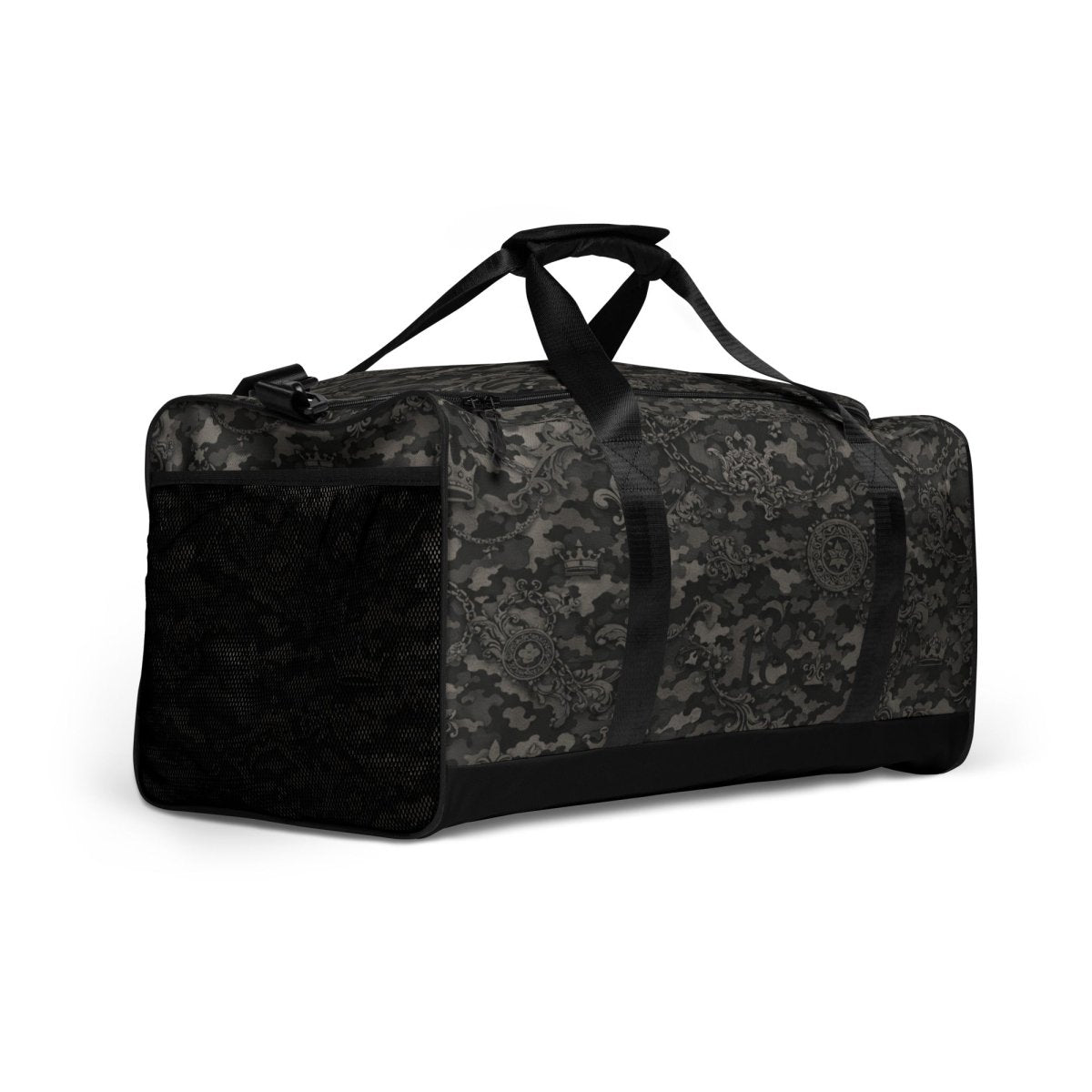 Black and grey camouflage duffle bag with intricate crown and chain patterns, side mesh pocket