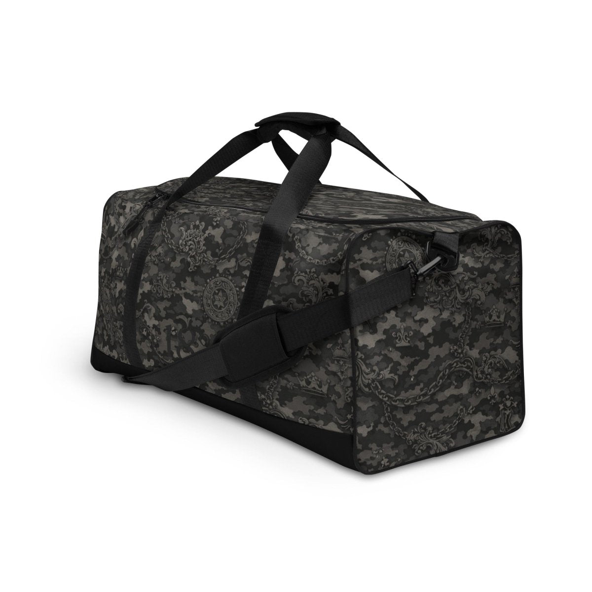 Black camo duffel bag with baroque-style patterns and adjustable shoulder strap