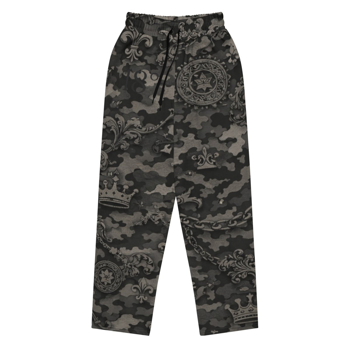 Black and grey camo print streetwear joggers with crown and fleur-de-lis details