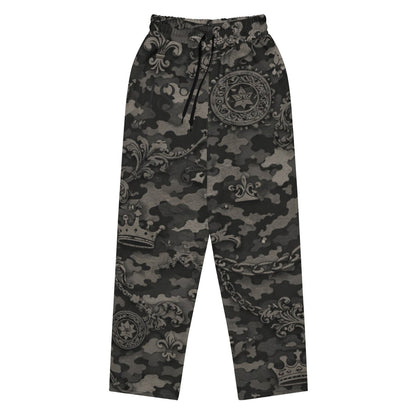 Black and grey camo print streetwear joggers with crown and fleur-de-lis details