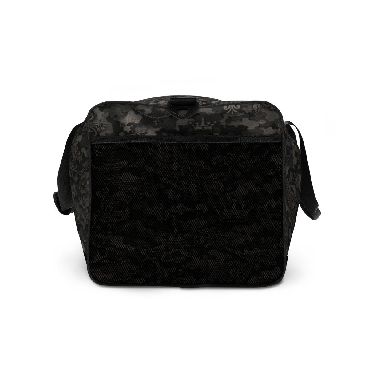 Black camo patterned messenger bag with adjustable strap, front pocket, and subtle crown design