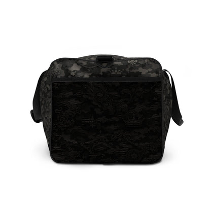 Black camo patterned messenger bag with adjustable strap, front pocket, and subtle crown design