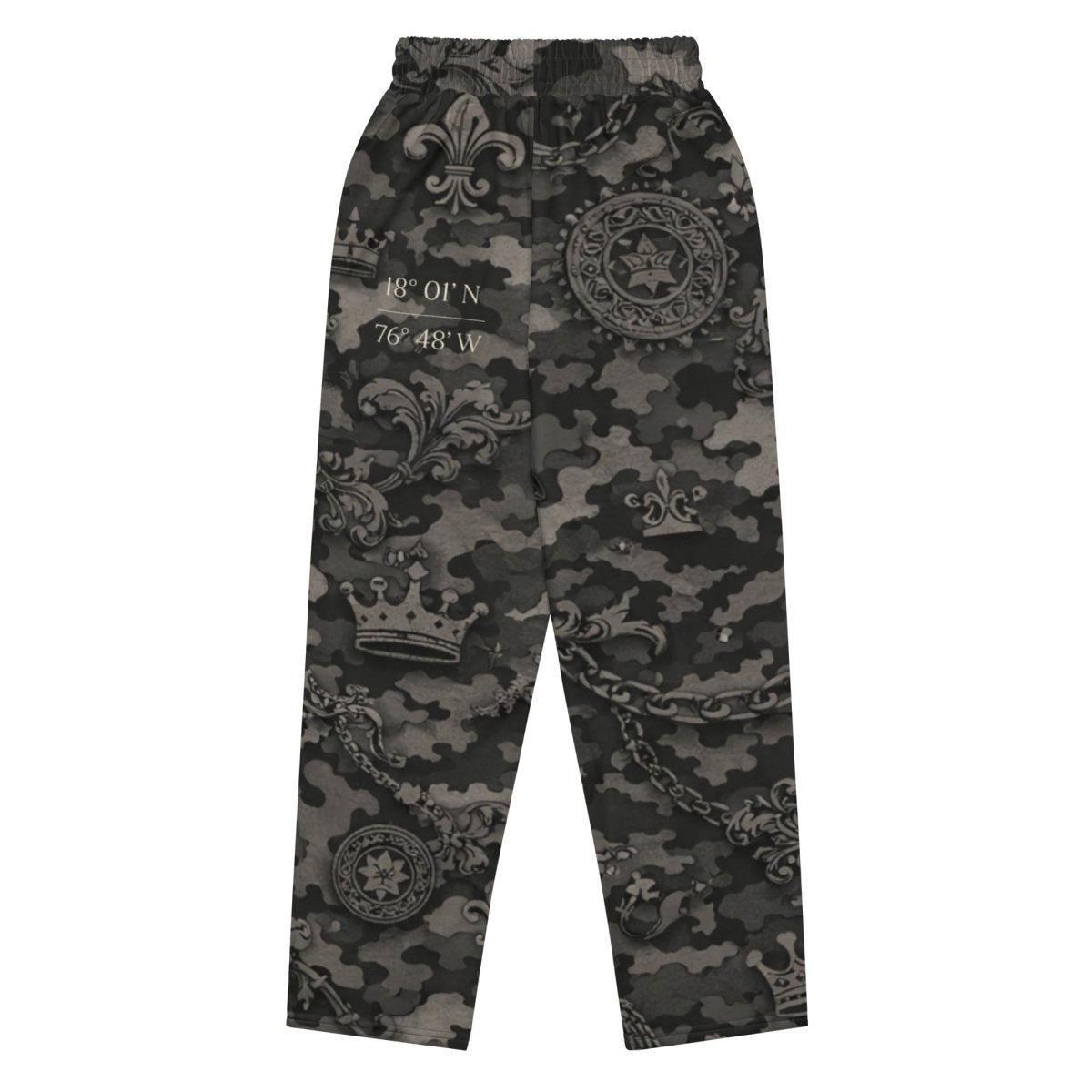 Black camo streetwear pants with crowns, fleur-de-lis, and coordinates graphic print.
