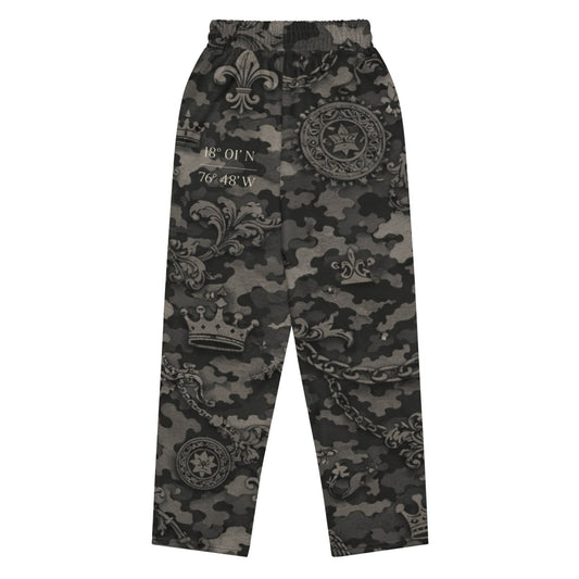 Black camo streetwear pants with crowns, fleur-de-lis, and coordinates graphic print.