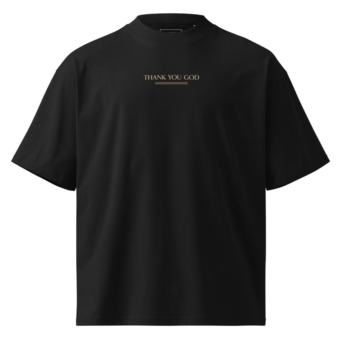 Black Jamaican streetwear t-shirt with 'THANK YOU GOD' text on front, minimalist design