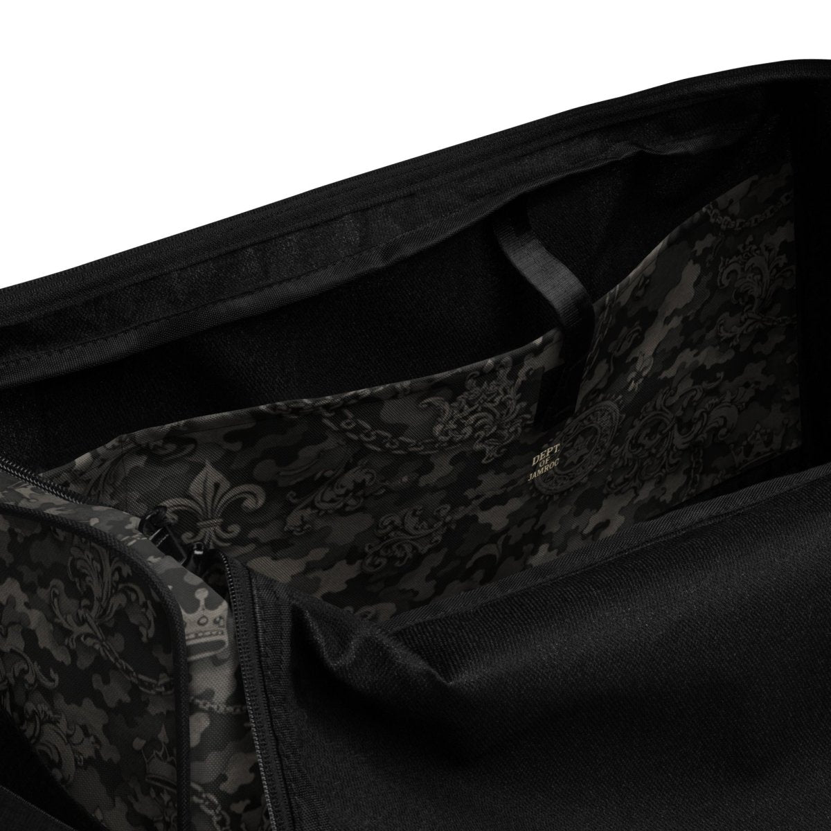 Close-up of black streetwear bag interior with patterned lining and inner pocket