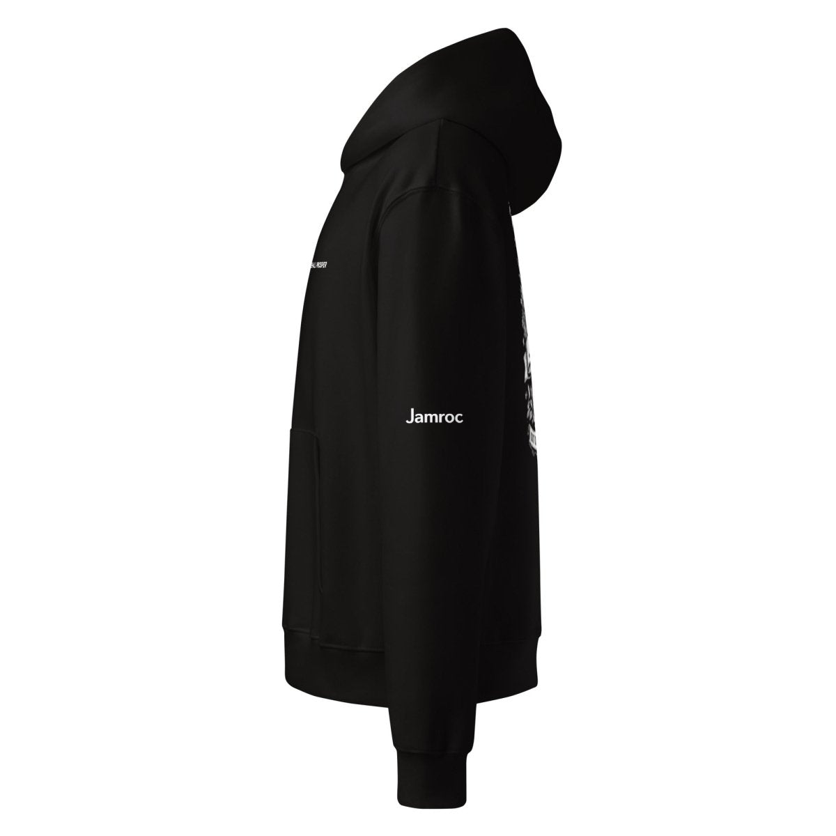 Black hoodie side view with white Jamroc text on sleeve, streetwear style