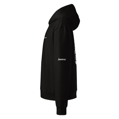 Black hoodie side view with white Jamroc text on sleeve, streetwear style