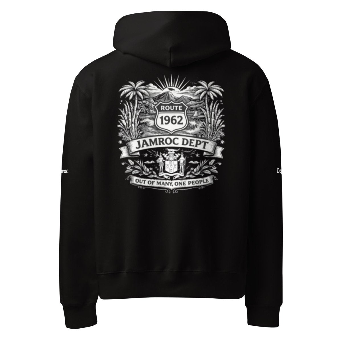 Black hoodie with bold back graphic featuring palm trees, Route 1962 sign, and 'Jamroc Dept' text