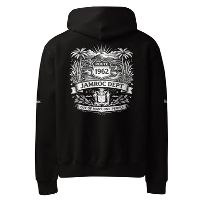 Black hoodie with bold back graphic featuring palm trees, Route 1962 sign, and 'Jamroc Dept' text