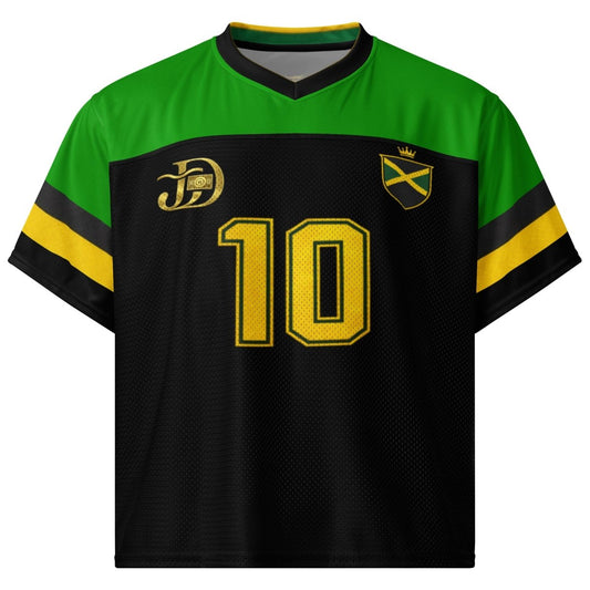 Black and green Jamaican streetwear jersey with yellow number 10 and crest on front