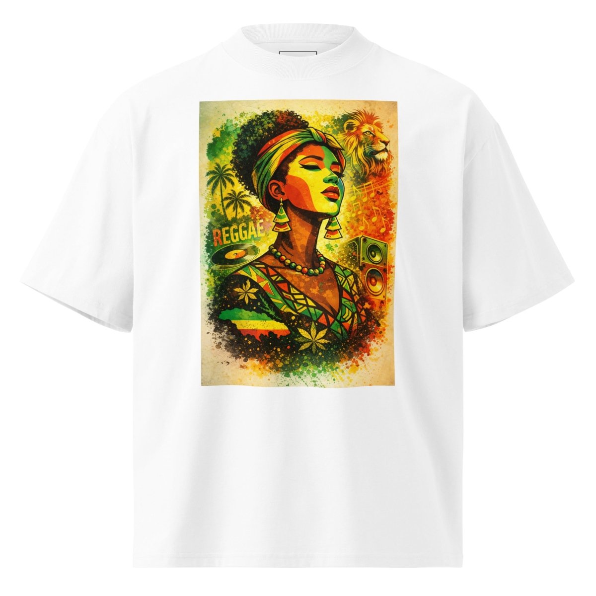 White t-shirt featuring a vibrant reggae-inspired graphic of a woman, lion, palm trees, and speakers in green, yellow, and red.